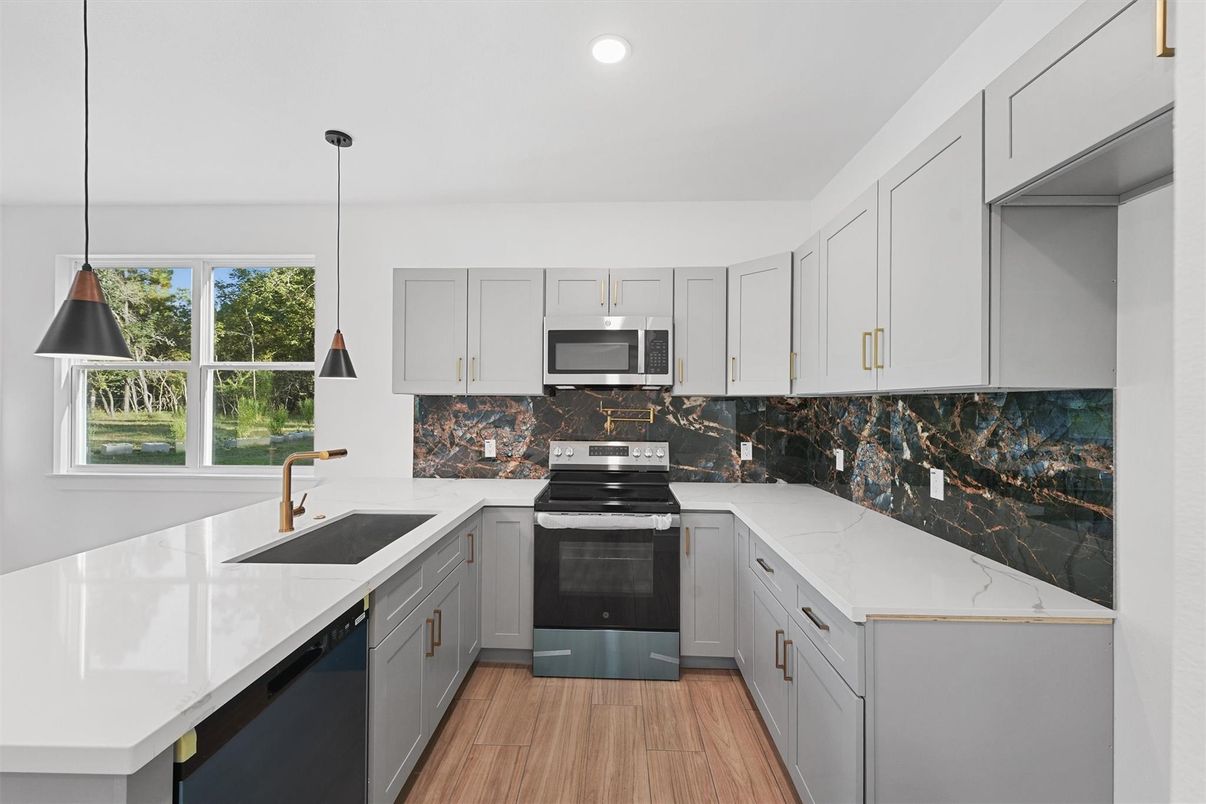 Interior, Kitchen, Pendant Lights, Recessed Lighting, Stainless Steel Appliances, Wood Texture Flooring