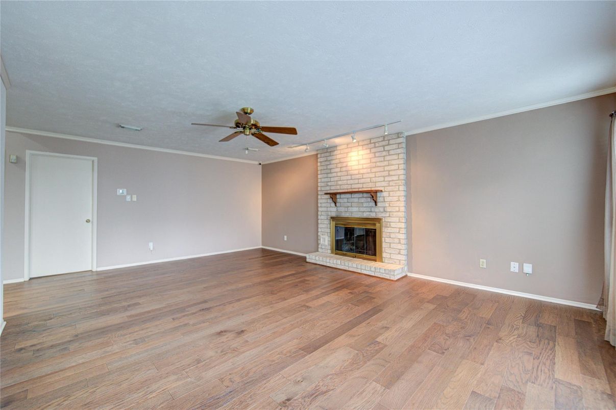 Empty room, Fireplace, Interior, Stone Walls, Wood Texture Flooring
