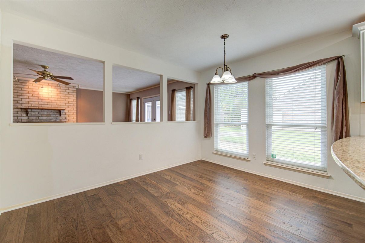 Empty room, Interior, Pendant Lights, Stone Walls, Wood Texture Flooring