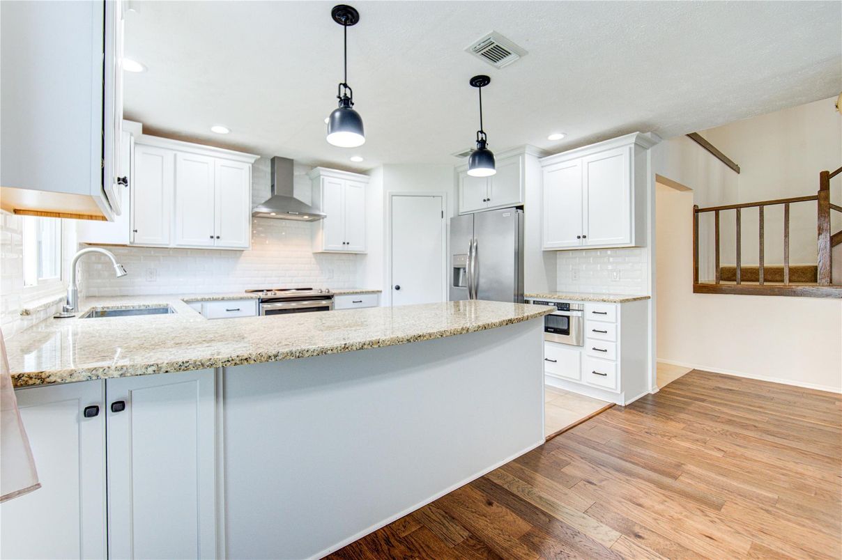 Interior, Kitchen, Pendant Lights, Recessed Lighting, Stainless Steel Appliances, Wood Texture Flooring