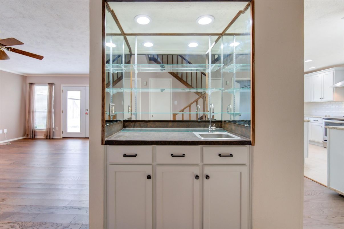 Interior, Kitchen, Marble, Recessed Lighting, Wood Texture Flooring