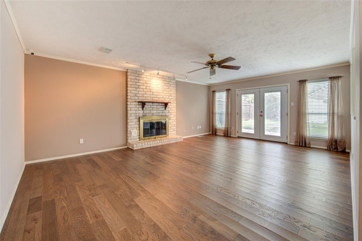 Empty room, Fireplace, Interior, Stone Walls, Wood Texture Flooring