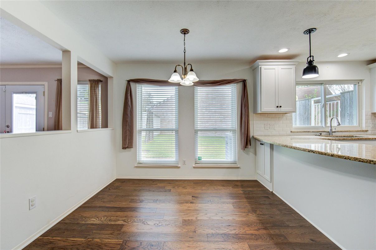 Chandelier, Empty room, Interior, Pendant Lights, Recessed Lighting, Wood Texture Flooring