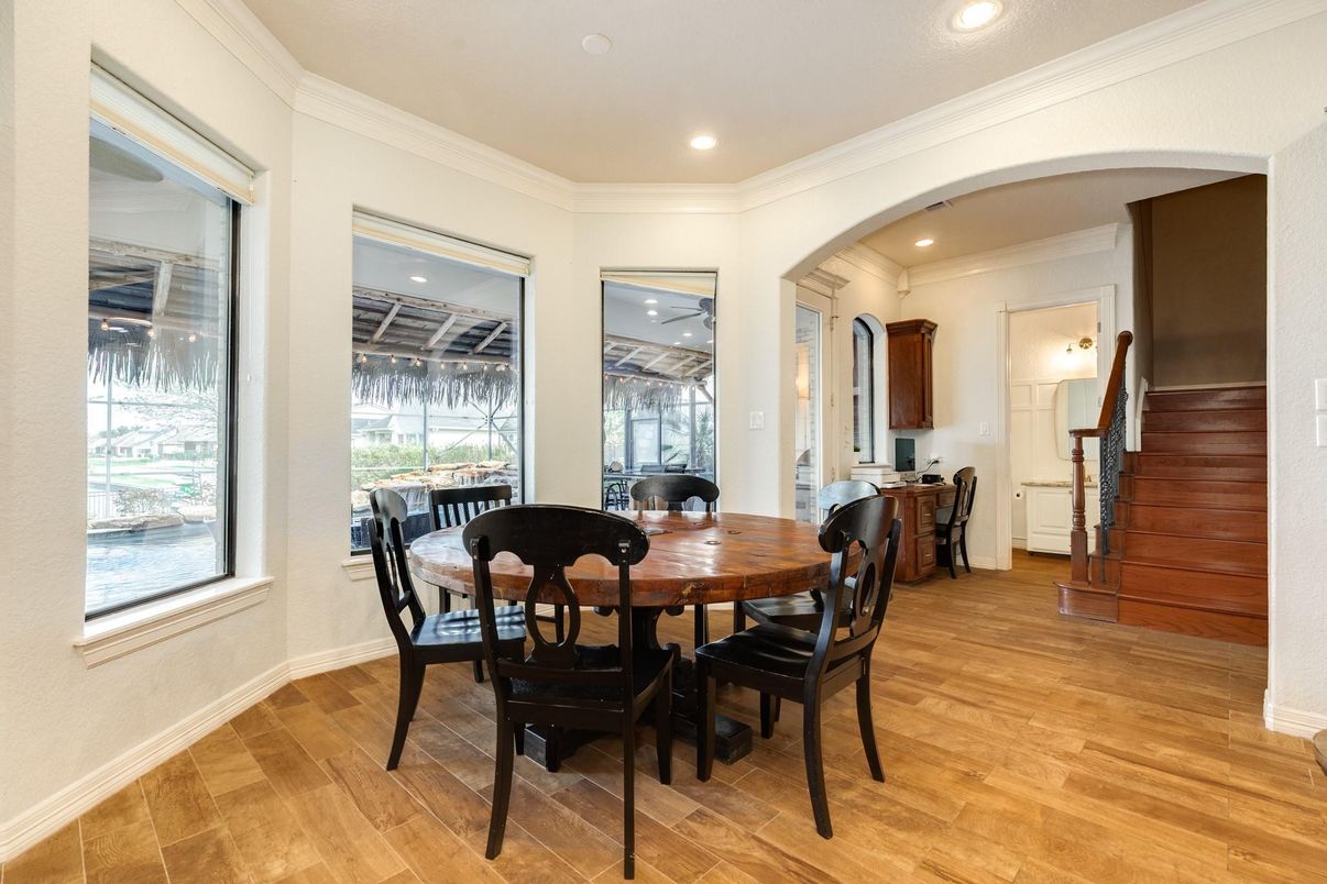 Dining room, Interior, Recessed Lighting, Wood Texture Flooring
