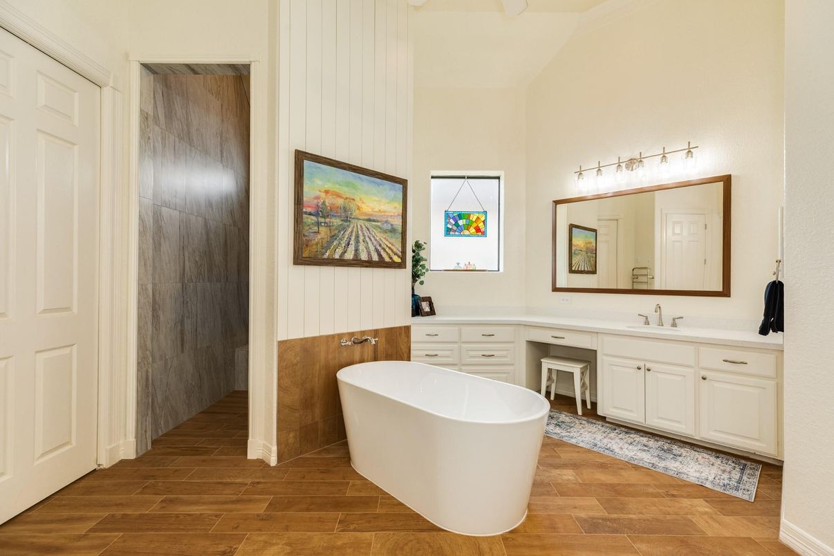 Bathroom, Dual Sink Vanities, Free Standing Baths, Interior, Wood Texture Flooring