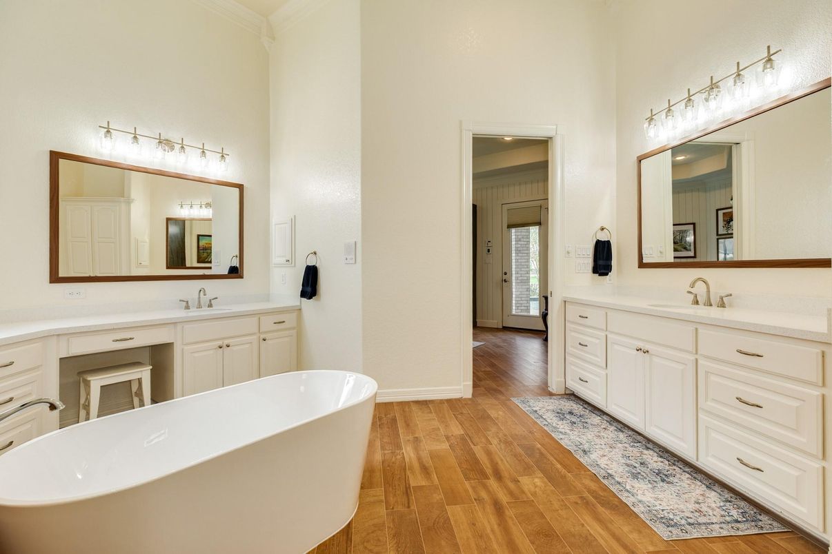 Bathroom, Dual Sink Vanities, Free Standing Baths, Interior, Wood Texture Flooring