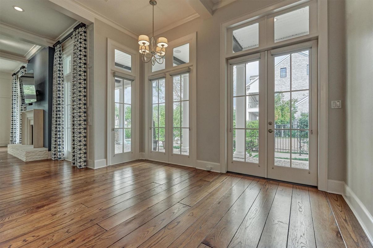 Chandelier, Empty room, Interior, Pendant Lights, Recessed Lighting, Wood Texture Flooring