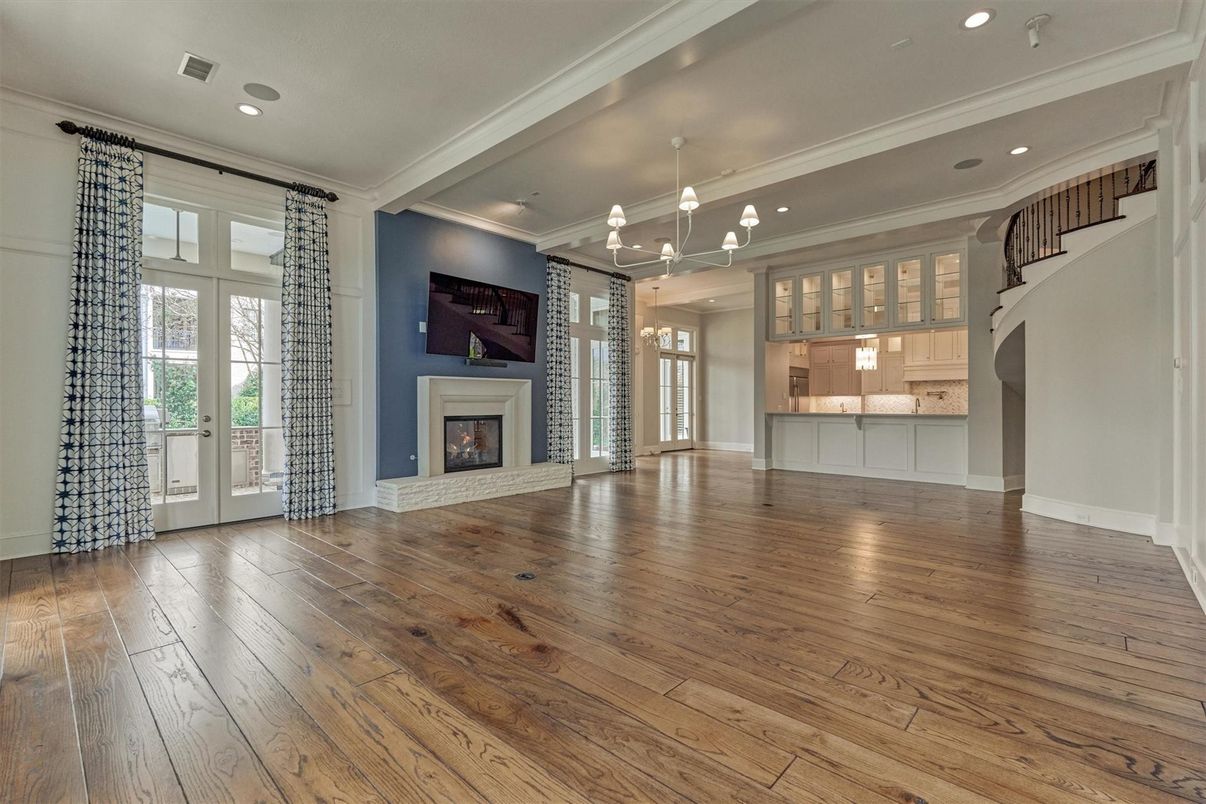 Empty room, Fireplace, Interior, Pendant Lights, Recessed Lighting, Wood Texture Flooring