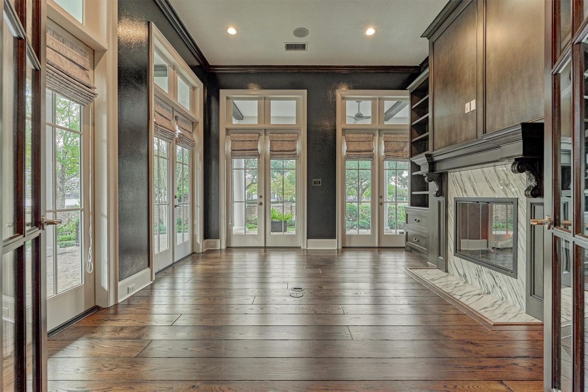 Empty room, Fireplace, Interior, Recessed Lighting, Wood Texture Flooring