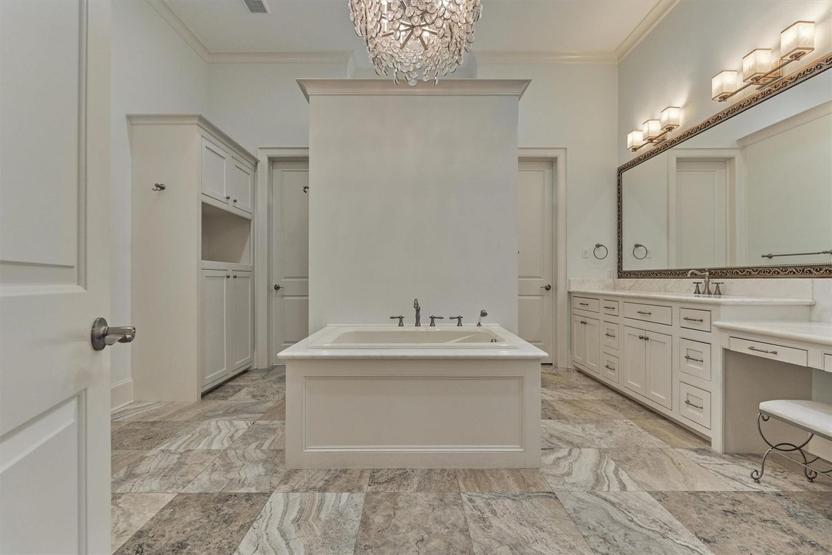Bathroom, Chandelier, Dual Sink Vanities, Interior, Marble