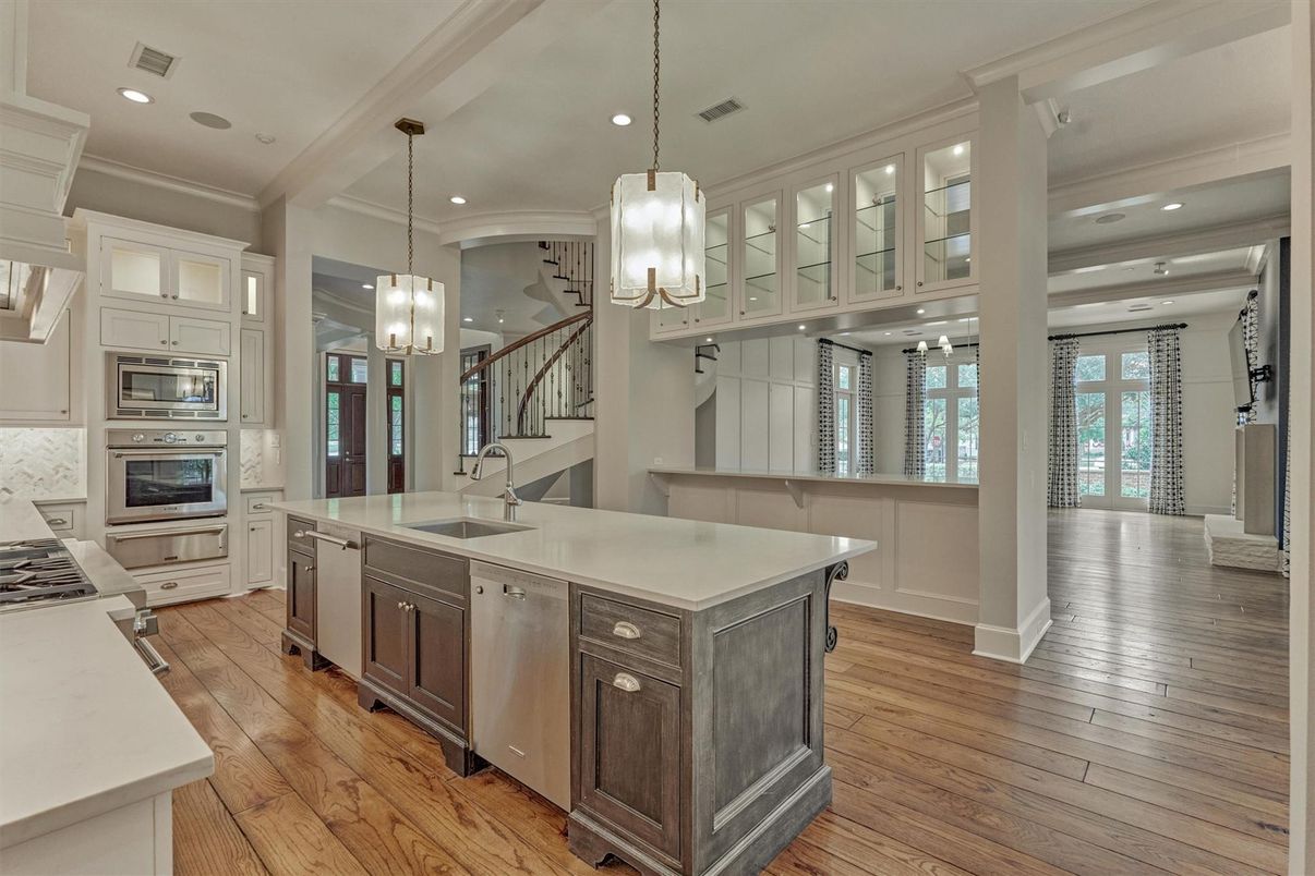 Interior, Kitchen, Pendant Lights, Recessed Lighting, Stainless Steel Appliances, Wood Texture Flooring