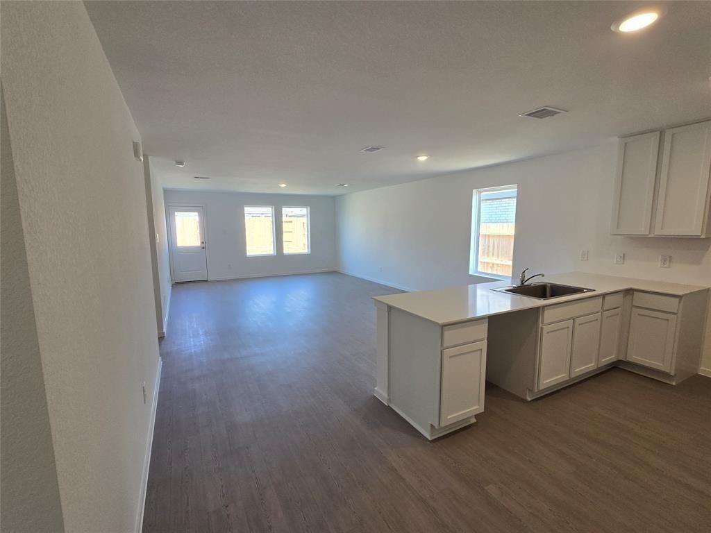 Empty room, Interior, Kitchen, Recessed Lighting, Wood Texture Flooring