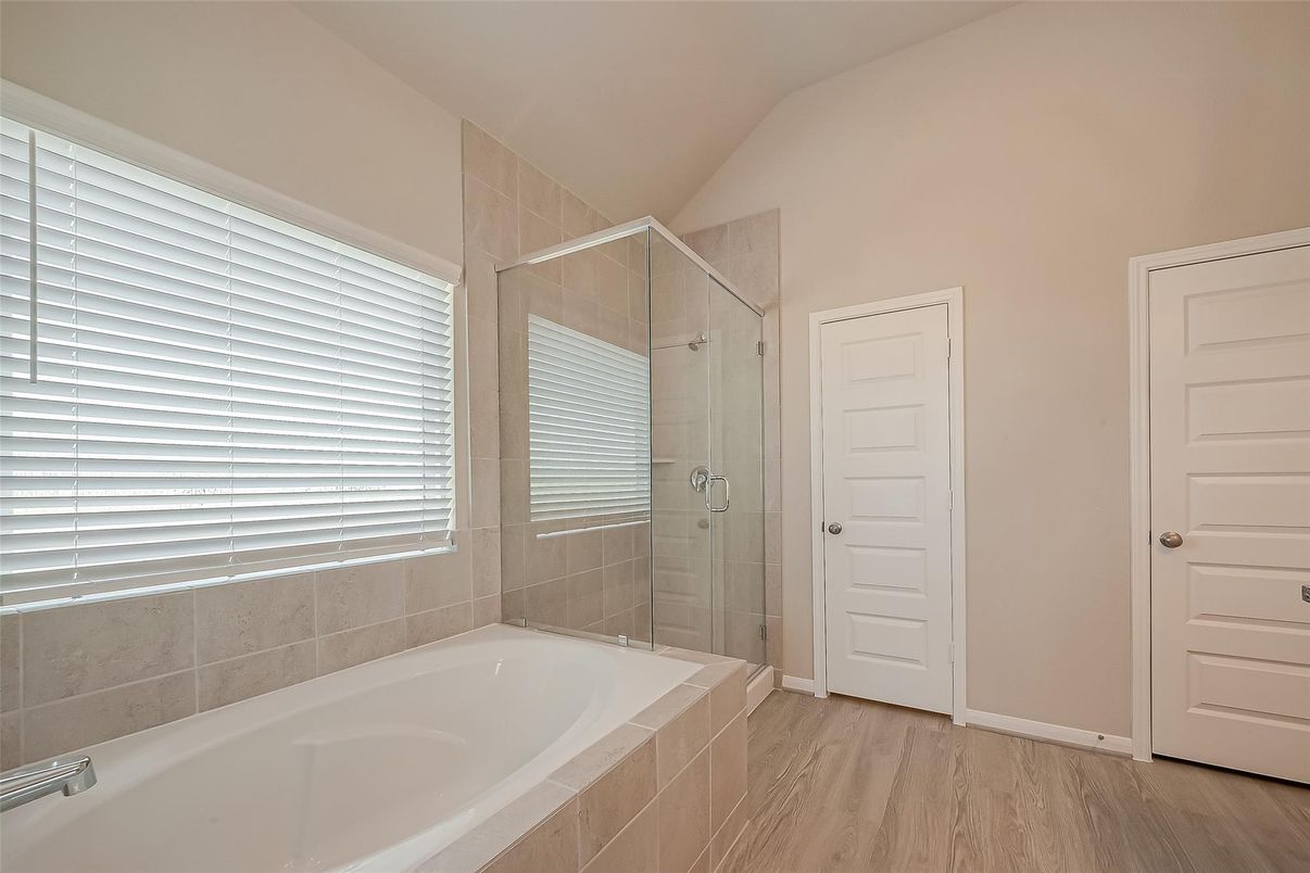 Bathroom, Glass Shower, Interior, Wood Texture Flooring