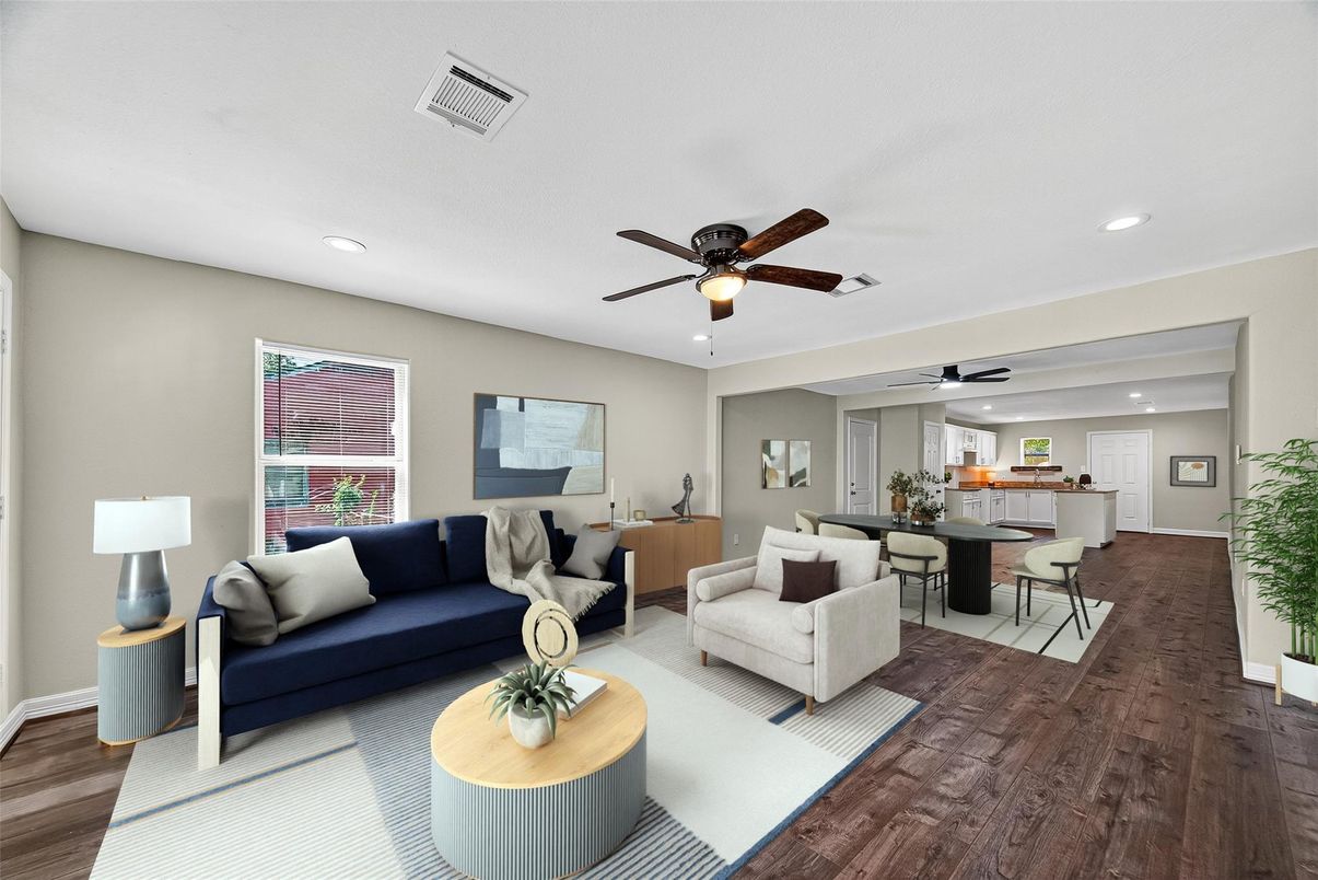 Dining room, Interior, Kitchen, Living room, Recessed Lighting, Wood Texture Flooring