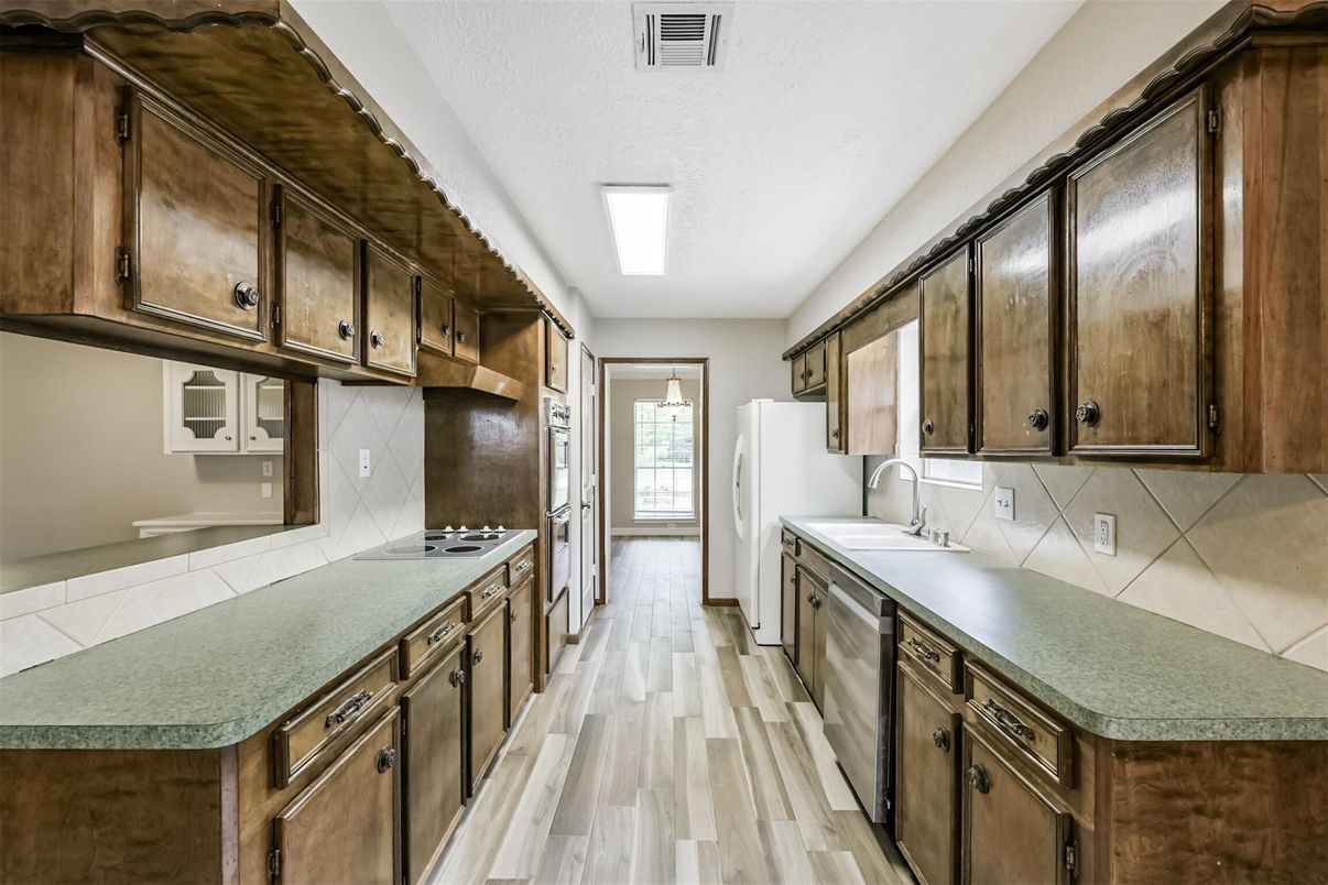 Interior, Kitchen, Tile Countertops, Wood Texture Flooring