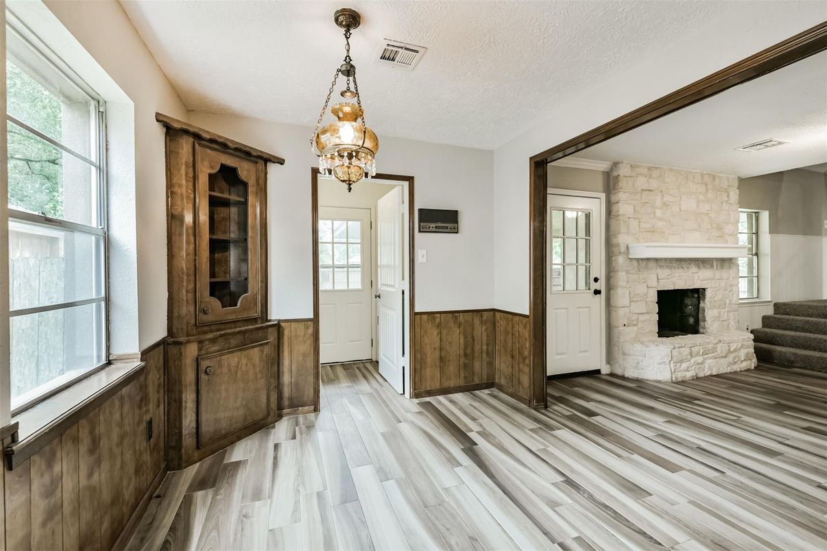 Fireplace, Interior, Pendant Lights, Stone Walls, Wood Texture Flooring