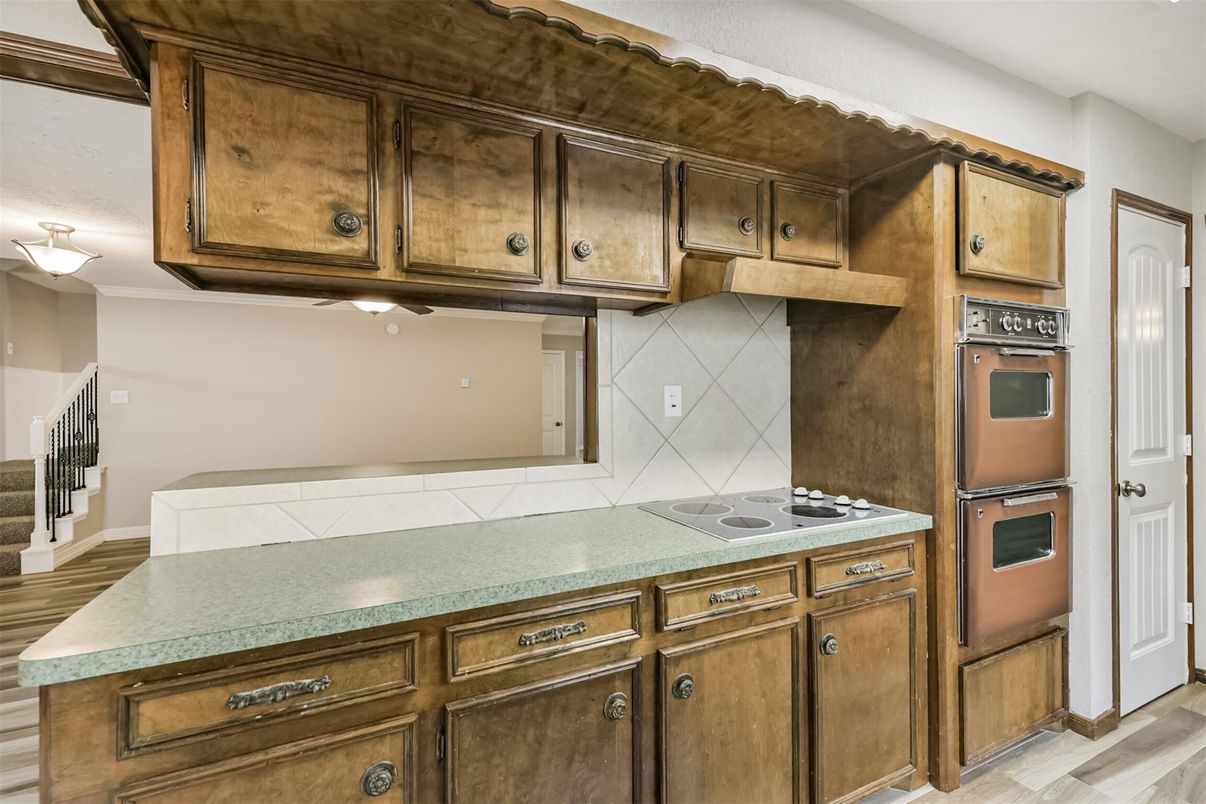 Interior, Kitchen, Tile Countertops, Wood Texture Flooring