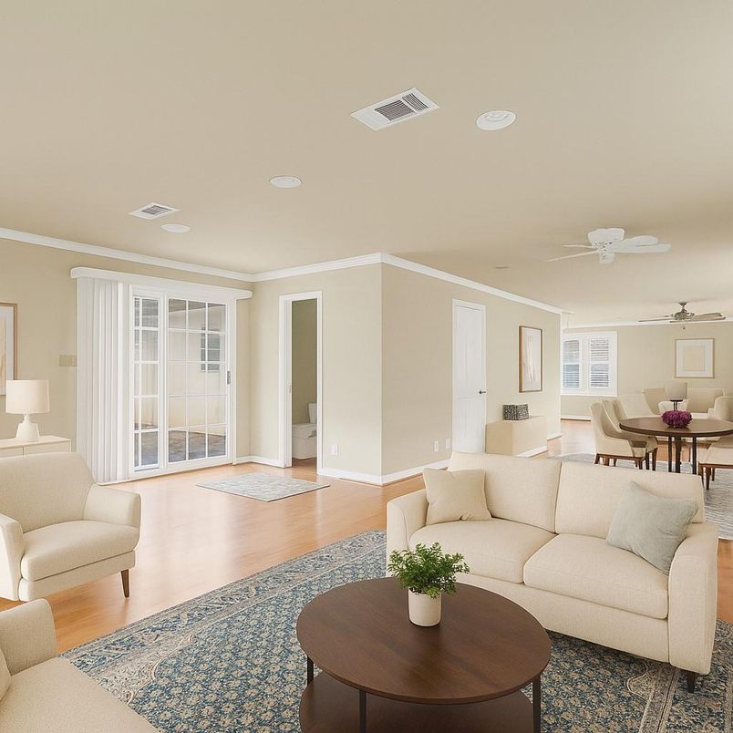 Dining room, Interior, Living room, Recessed Lighting, Wood Texture Flooring