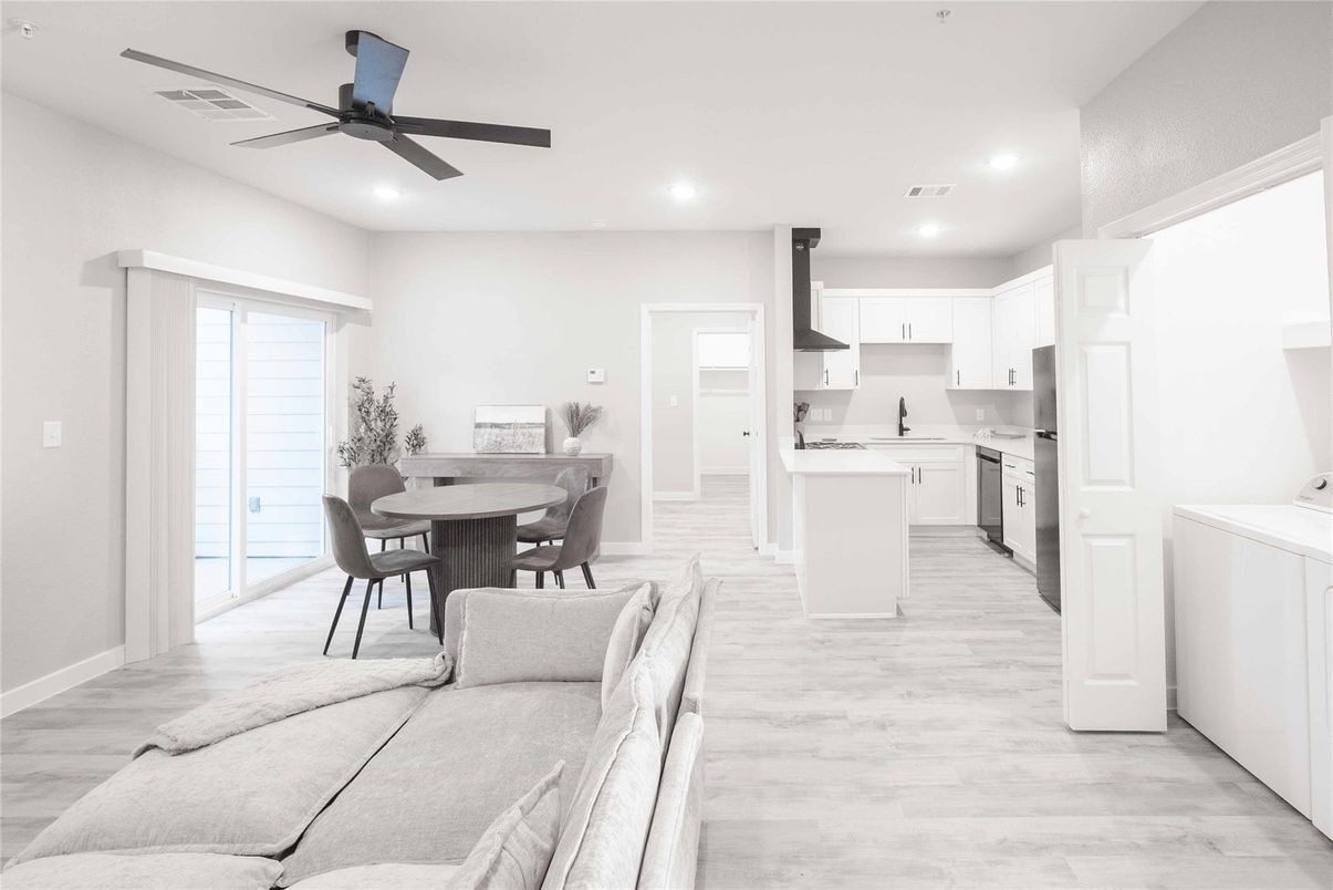 Dining room, Interior, Kitchen, Living room, Recessed Lighting, Wood Texture Flooring