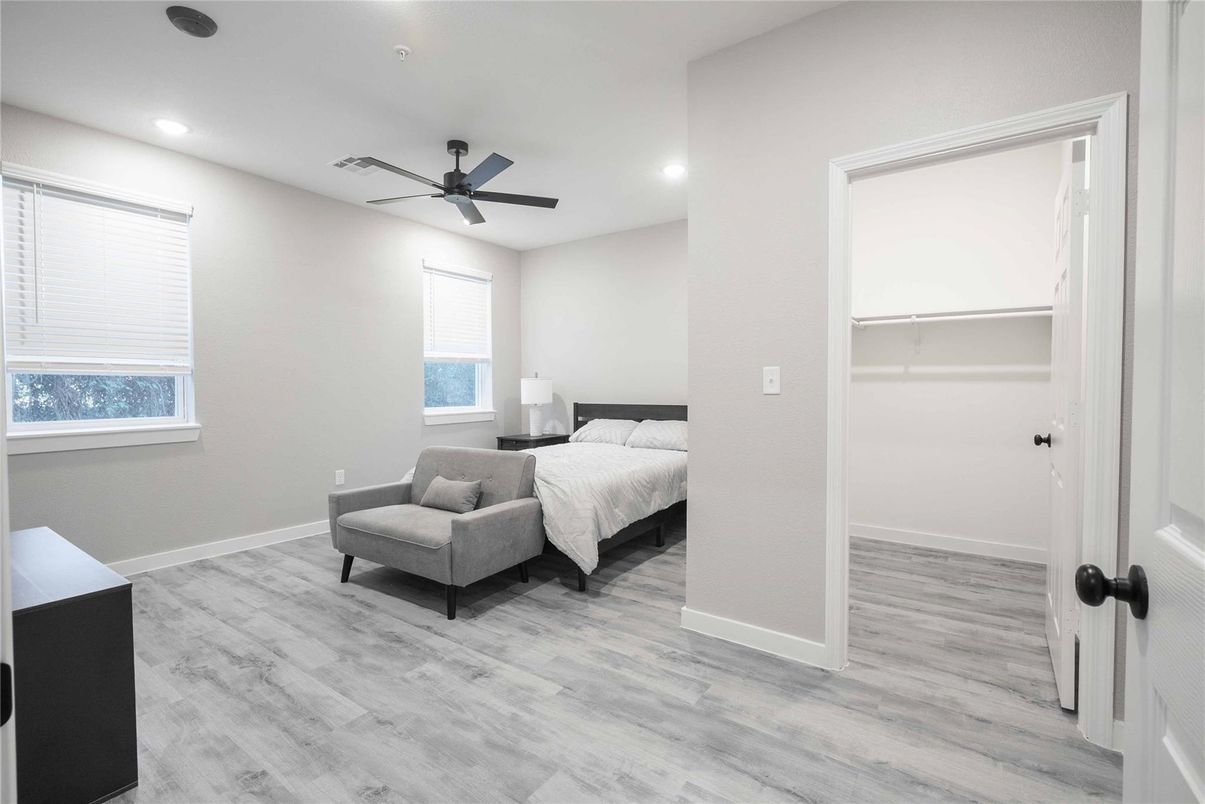 Bedroom, Interior, Recessed Lighting, Wood Texture Flooring