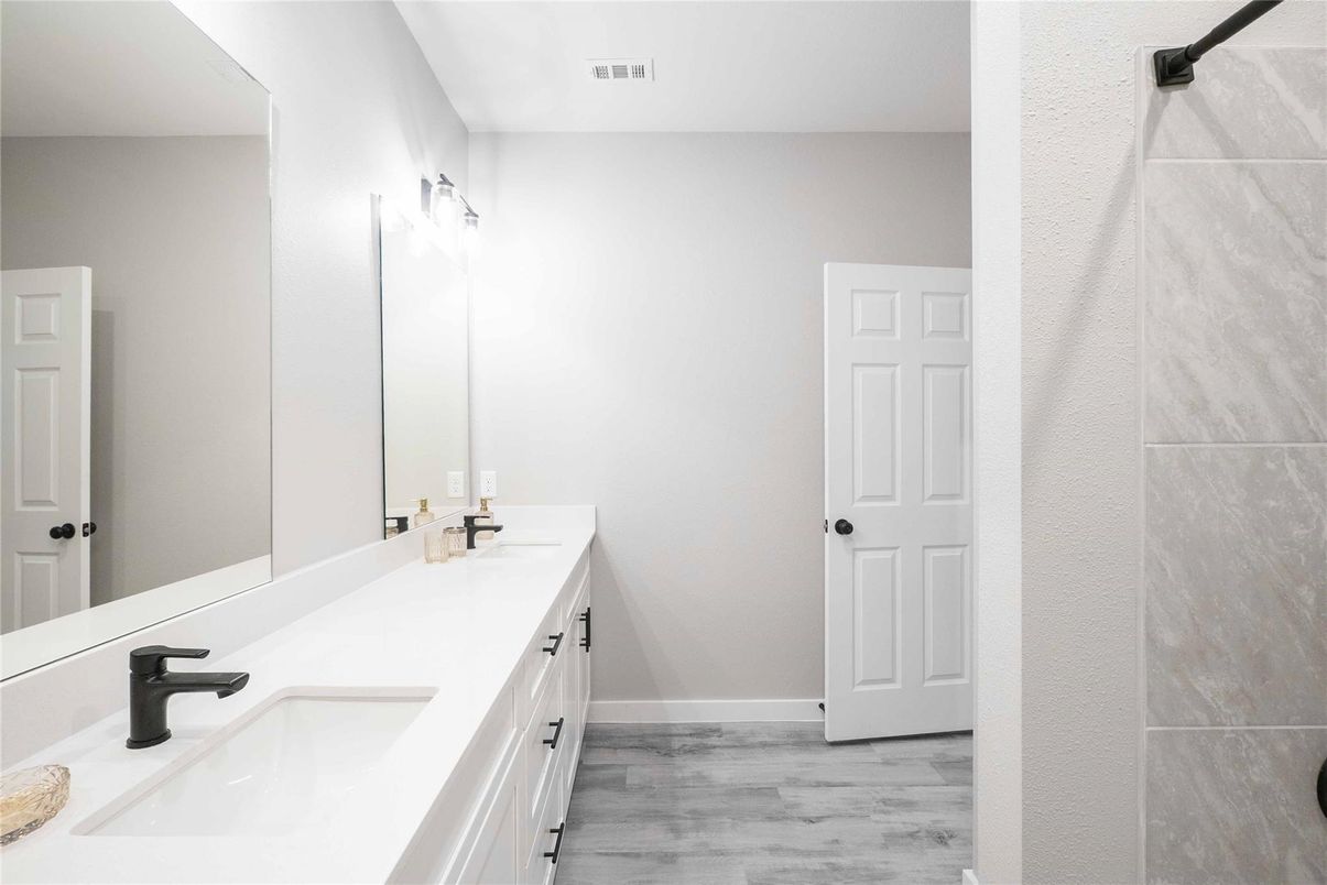 Bathroom, Dual Sink Vanities, Interior, Wood Texture Flooring