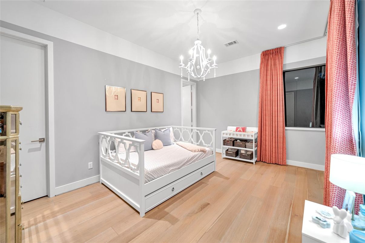 Bedroom, Chandelier, Interior, Recessed Lighting, Wood Texture Flooring