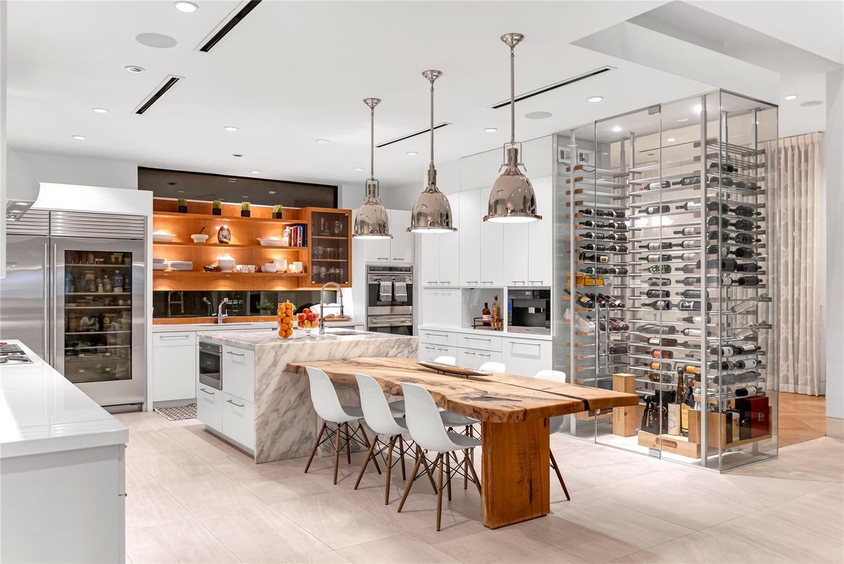 Interior, Kitchen, Pendant Lights, Recessed Lighting, Stainless Steel Appliances, Wine Storage