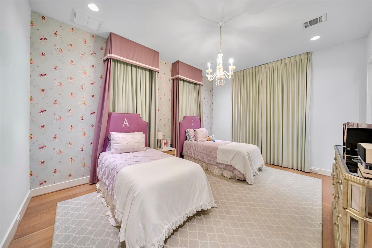 Bedroom, Chandelier, Interior, Recessed Lighting, Wood Texture Flooring