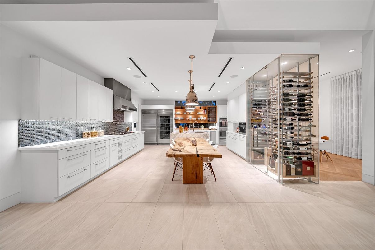 Dining room, Interior, Kitchen, Pendant Lights, Recessed Lighting, Stainless Steel Appliances, Wine Storage