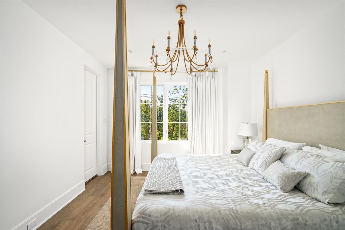 Bedroom, Chandelier, Interior, Wood Texture Flooring