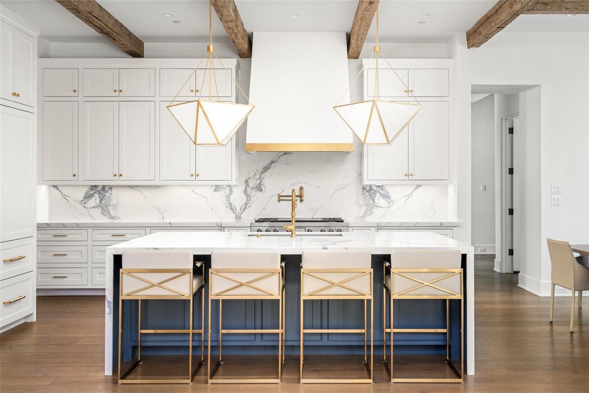 Interior, Kitchen, Marble Walls, Pendant Lights, Recessed Lighting, Wooden Beams, Wood Texture Flooring