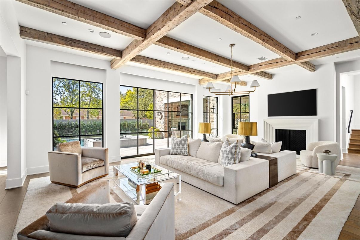 Fireplace, Interior, Living room, Pendant Lights, Recessed Lighting, Wooden Beams, Wood Texture Flooring