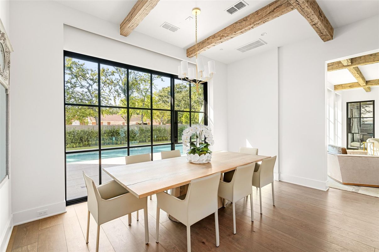 Dining room, Interior, Pendant Lights, Wooden Beams, Wood Texture Flooring