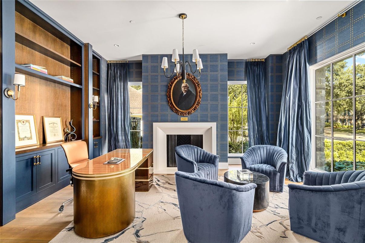 Chandelier, Fireplace, Home Office, Interior, Recessed Lighting