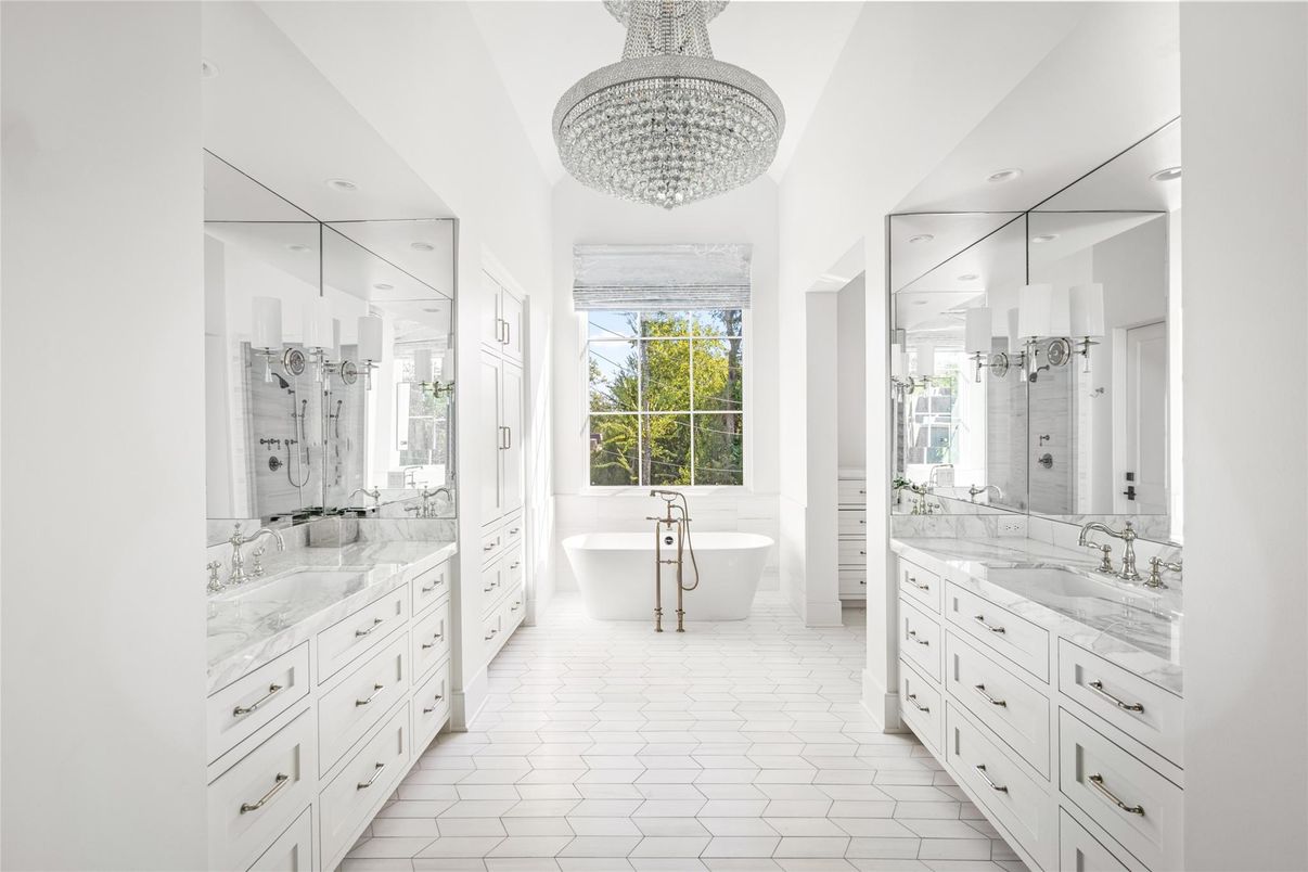 Bathroom, Chandelier, Dual Sink Vanities, Free Standing Baths, Interior, Marble