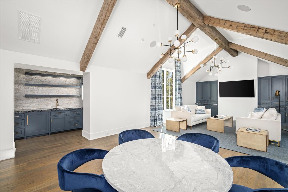 Dining room, Interior, Living room, Pendant Lights, Wooden Beams, Wood Texture Flooring