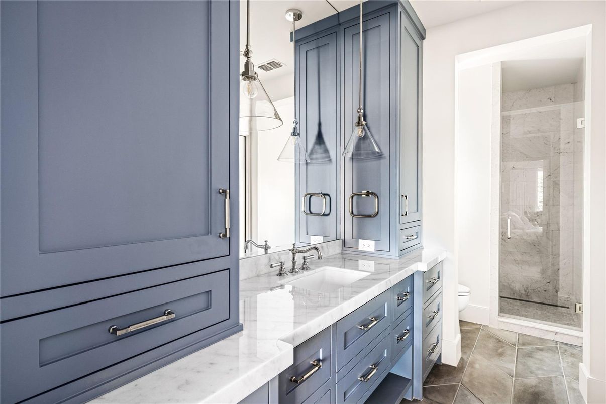 Bathroom, Dual Sink Vanities, Glass Shower, Interior, Marble Walls