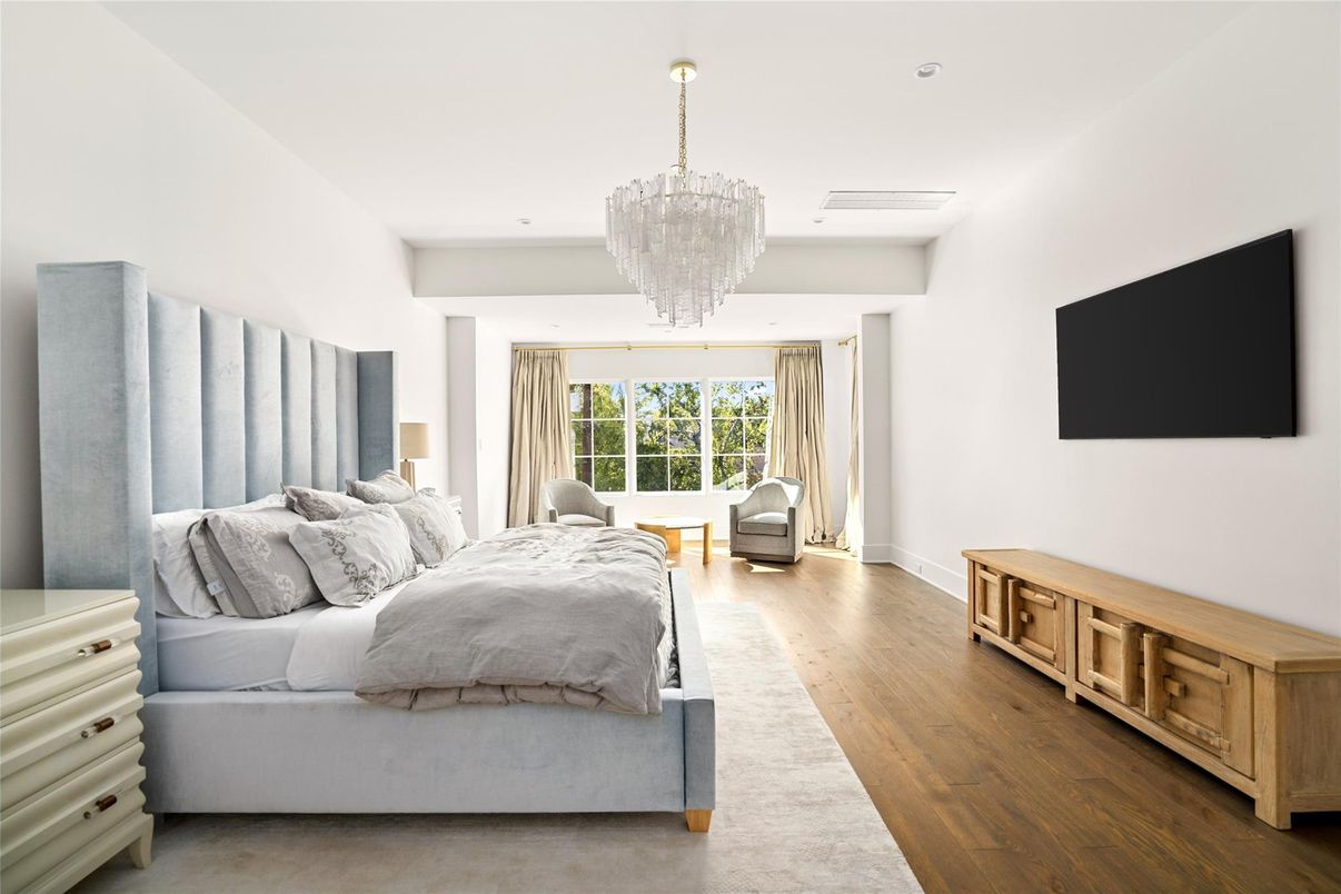 Bedroom, Chandelier, Interior, Recessed Lighting, Wood Texture Flooring
