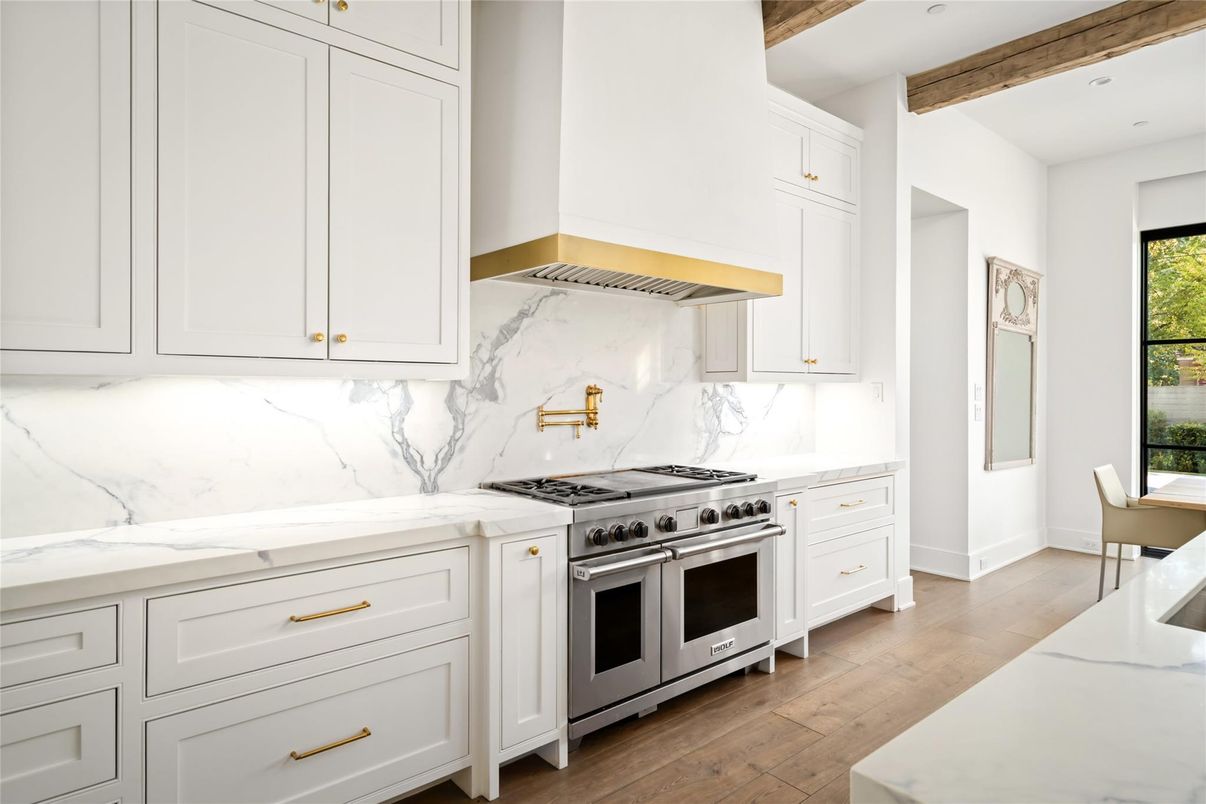 Interior, Kitchen, Marble Walls, Recessed Lighting, Stainless Steel Appliances, Wooden Beams, Wood Texture Flooring