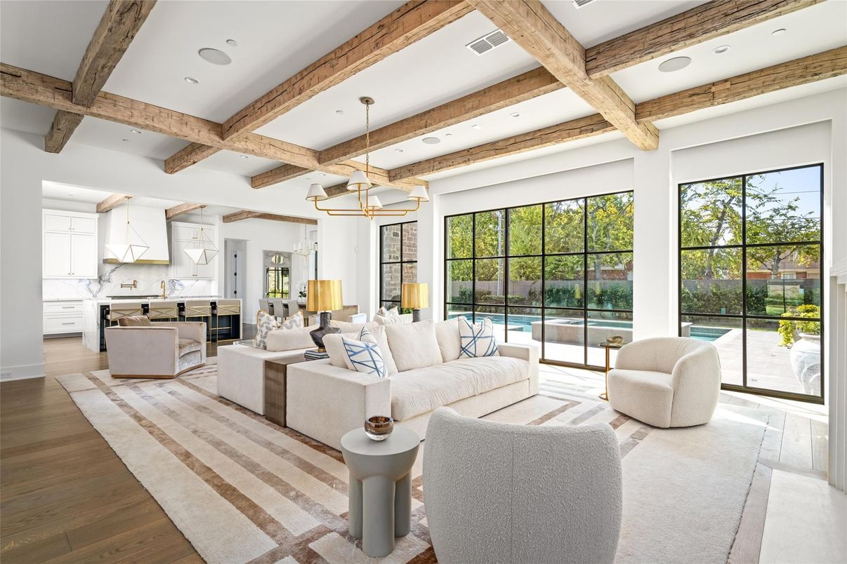 Interior, Kitchen, Living room, Pendant Lights, Recessed Lighting, Wooden Beams, Wood Texture Flooring