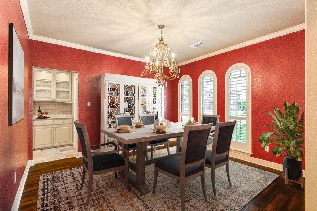 Chandelier, Dining room, Interior, Wood Texture Flooring