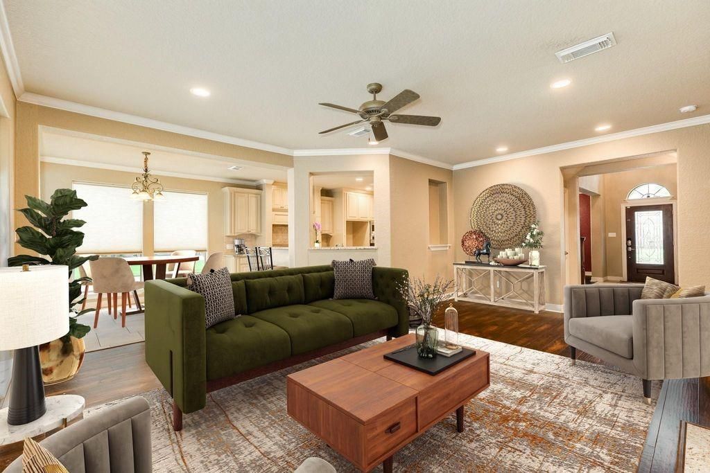 Dining room, Interior, Living room, Recessed Lighting, Wood Texture Flooring