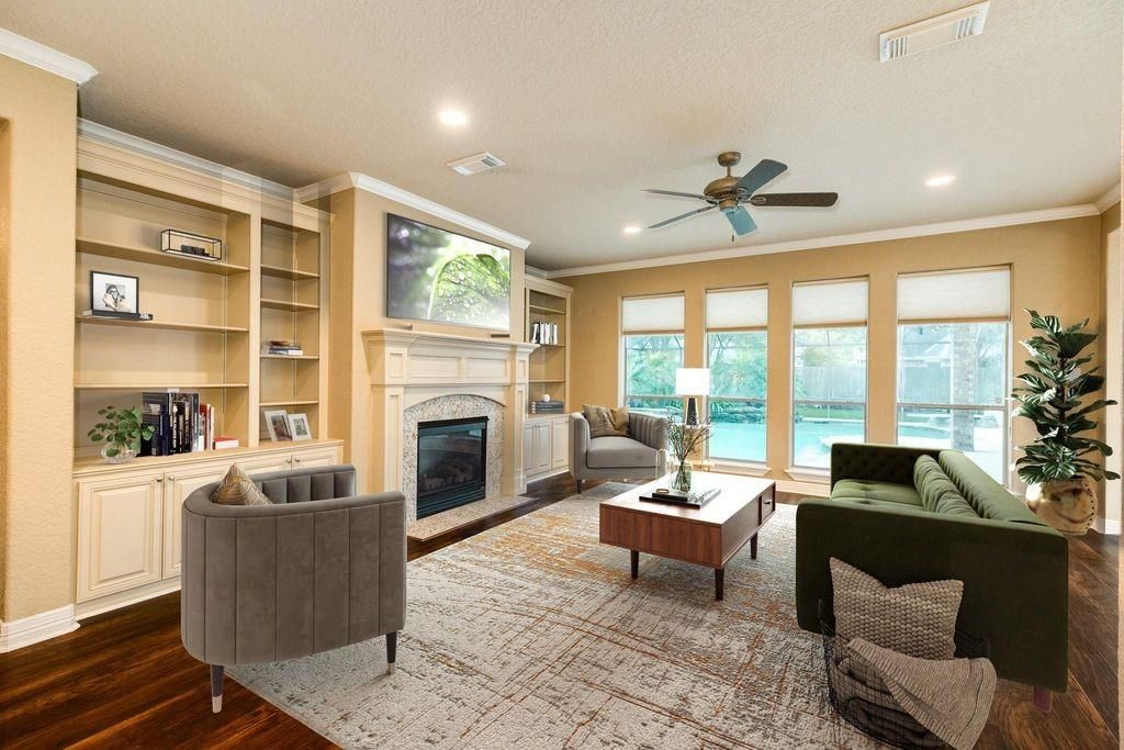 Fireplace, Interior, Living room, Recessed Lighting, Water, Wood Texture Flooring