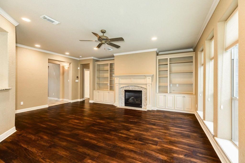 Empty room, Fireplace, Interior, Recessed Lighting, Wood Texture Flooring