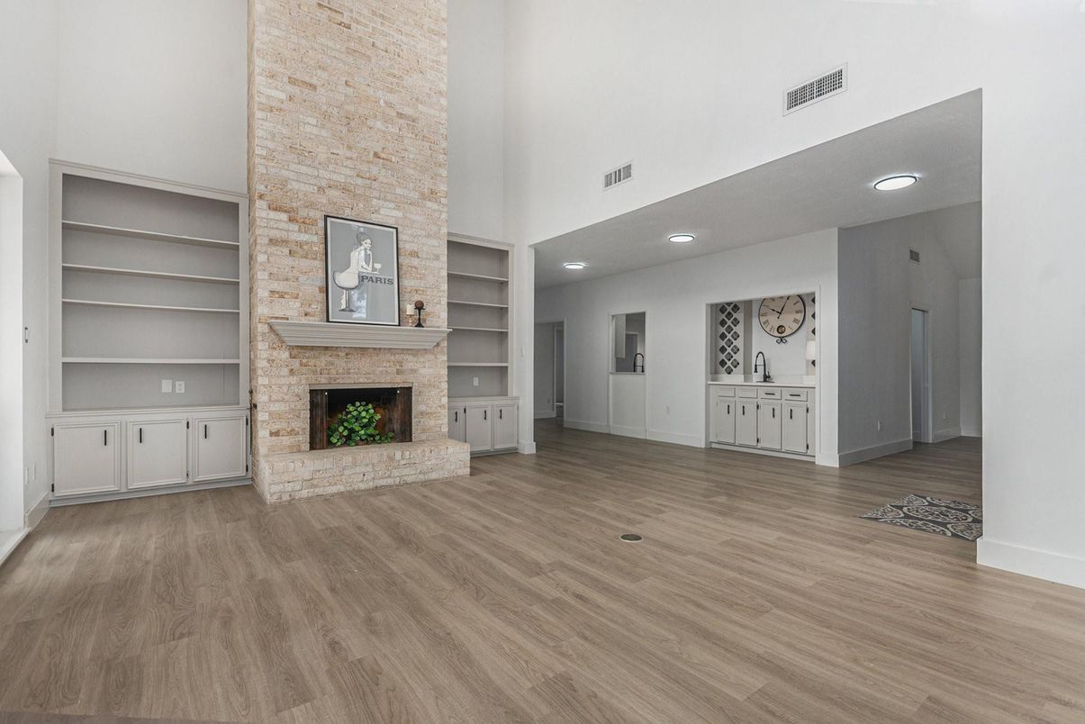 Fireplace, Interior, Recessed Lighting, Wood Texture Flooring