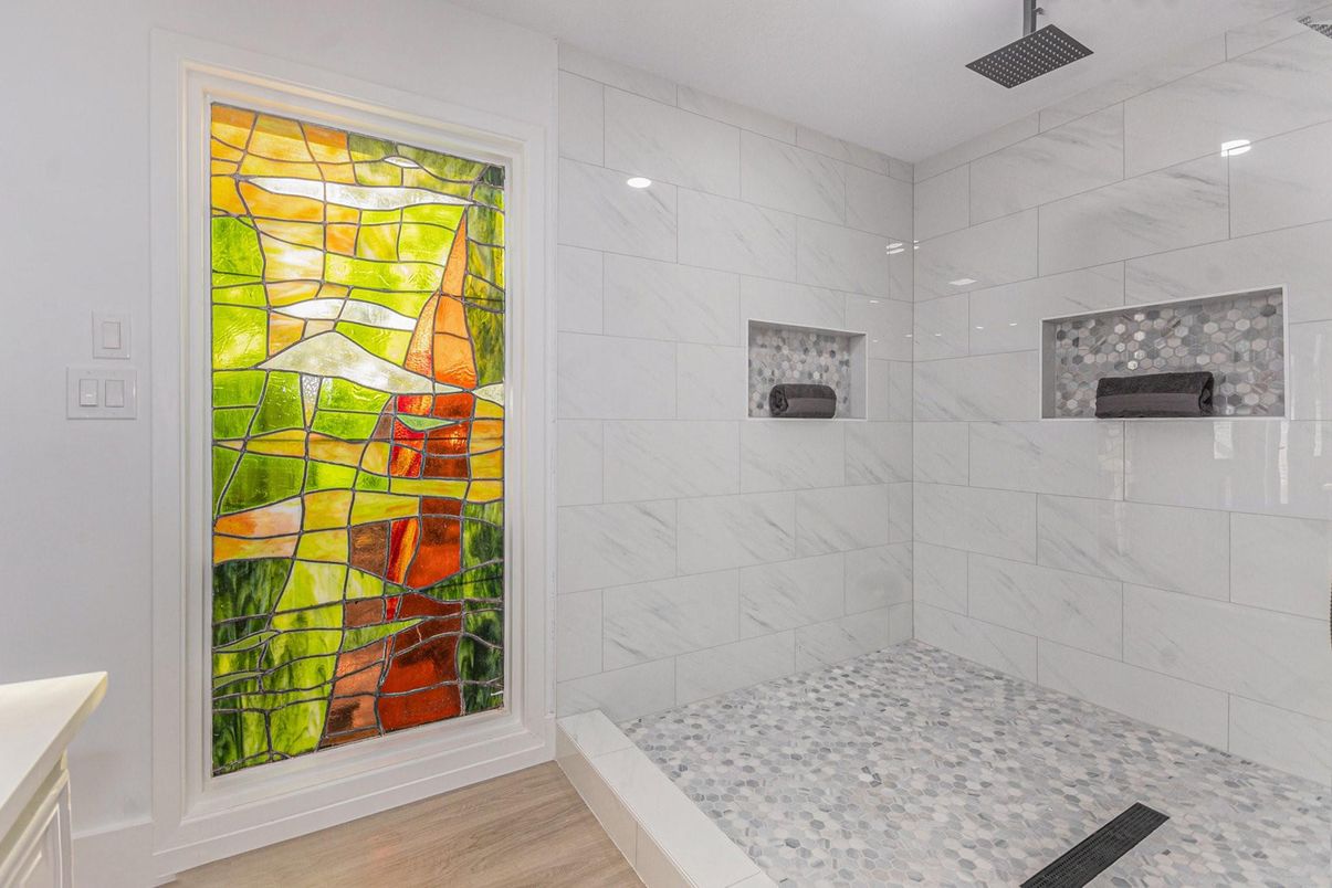 Bathroom, Interior, Marble Walls, Wood Texture Flooring