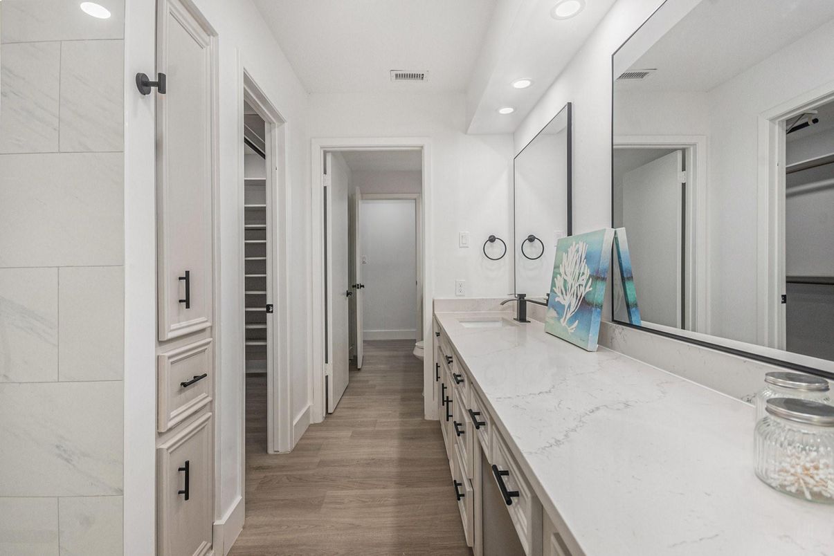 Bathroom, Dual Sink Vanities, Interior, Recessed Lighting, Wood Texture Flooring