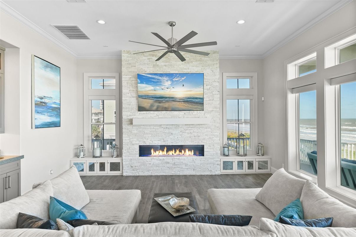 Fireplace, Interior, Living room, Recessed Lighting, Stone Walls, Water