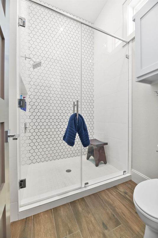 Bathroom, Glass Shower, Interior, Wood Texture Flooring