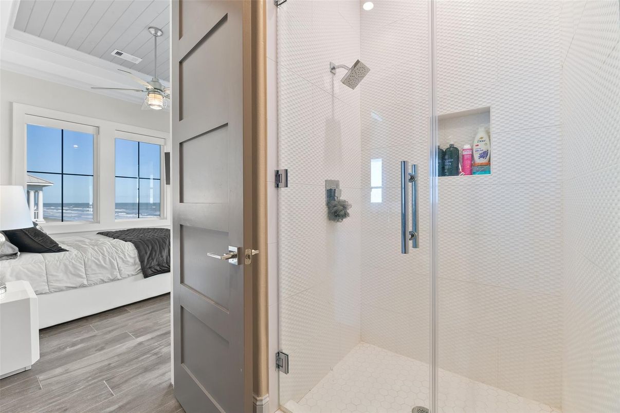 Bathroom, Bedroom, Glass Shower, Interior, Water, Wood Texture Flooring